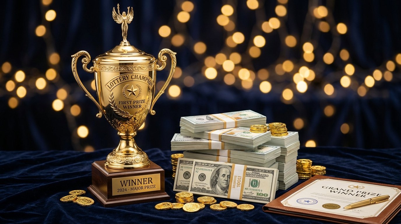 Trofeo dorado de campeón de Mega Balota y fajos de billetes