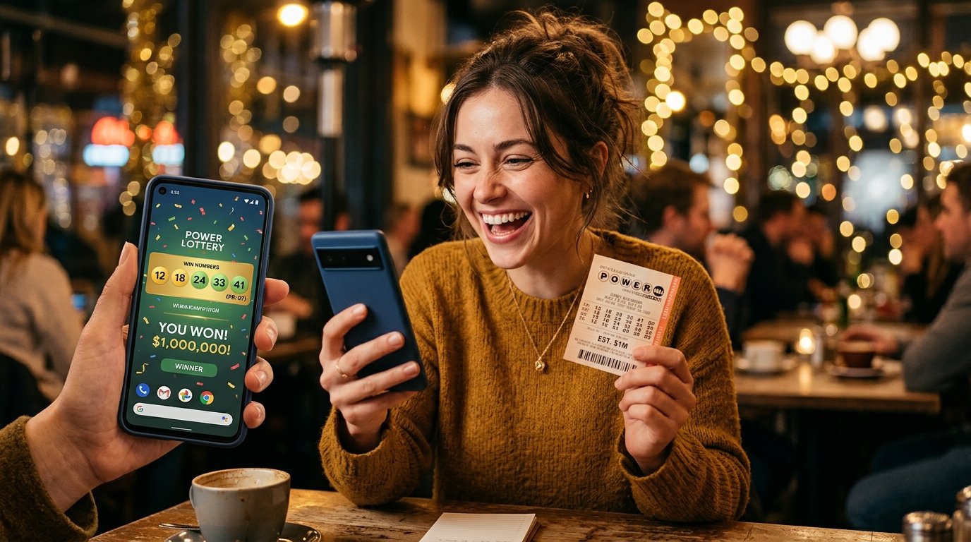 Mujer revisando emocionada los resultados de Mega Balota en su celular